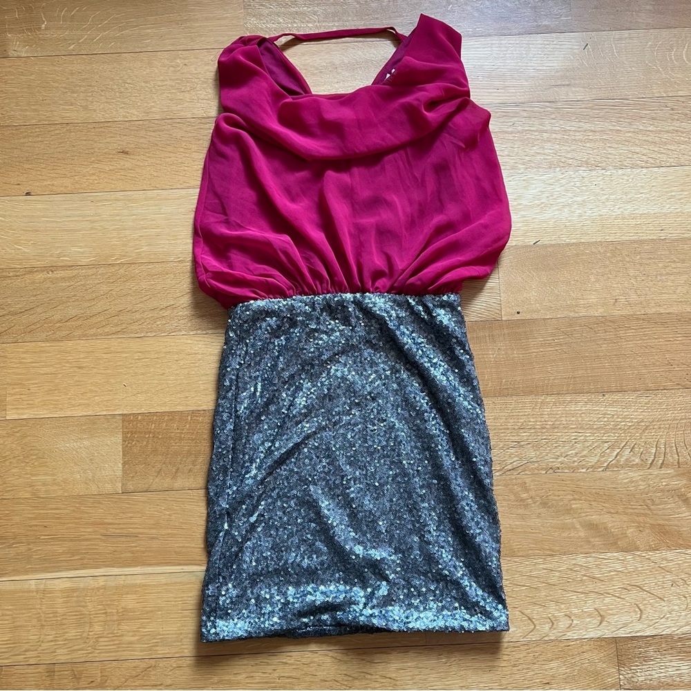 Pink Party New Years Cocktail Dress with silver Sequined skirt bottom S